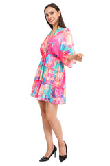 Pink Marbal Flared Short Tier Dress with Strings  