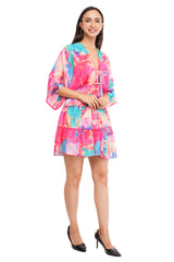 Pink Marbal Flared Short Tier Dress with Strings  