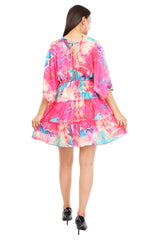 Pink Marbal Flared Short Tier Dress with Strings  