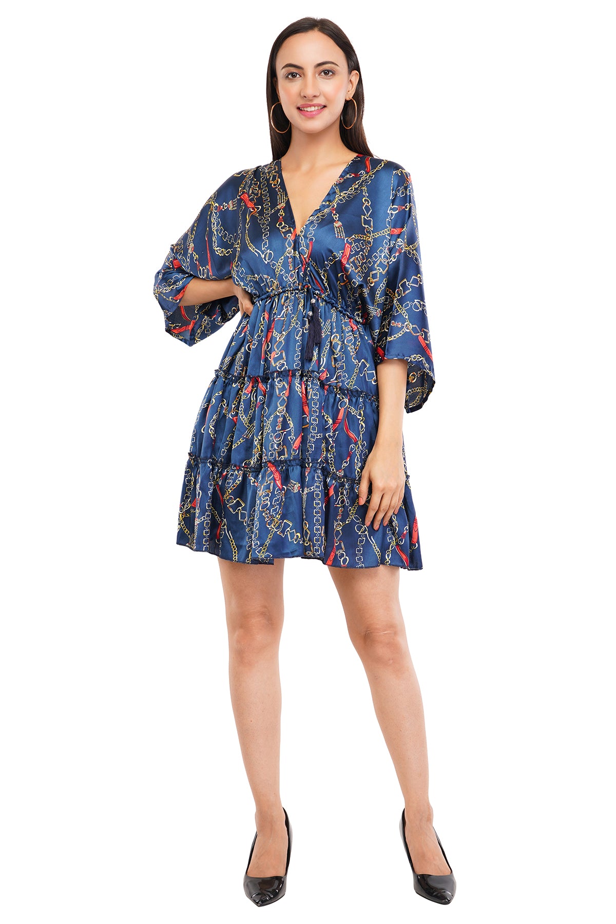 Blue Chain Flared Short Tier Dress with Strings                              