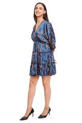 Blue Chain Flared Short Tier Dress with Strings                              