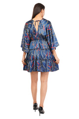 Blue Chain Flared Short Tier Dress with Strings                              