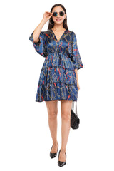 Blue Chain Flared Short Tier Dress with Strings                              