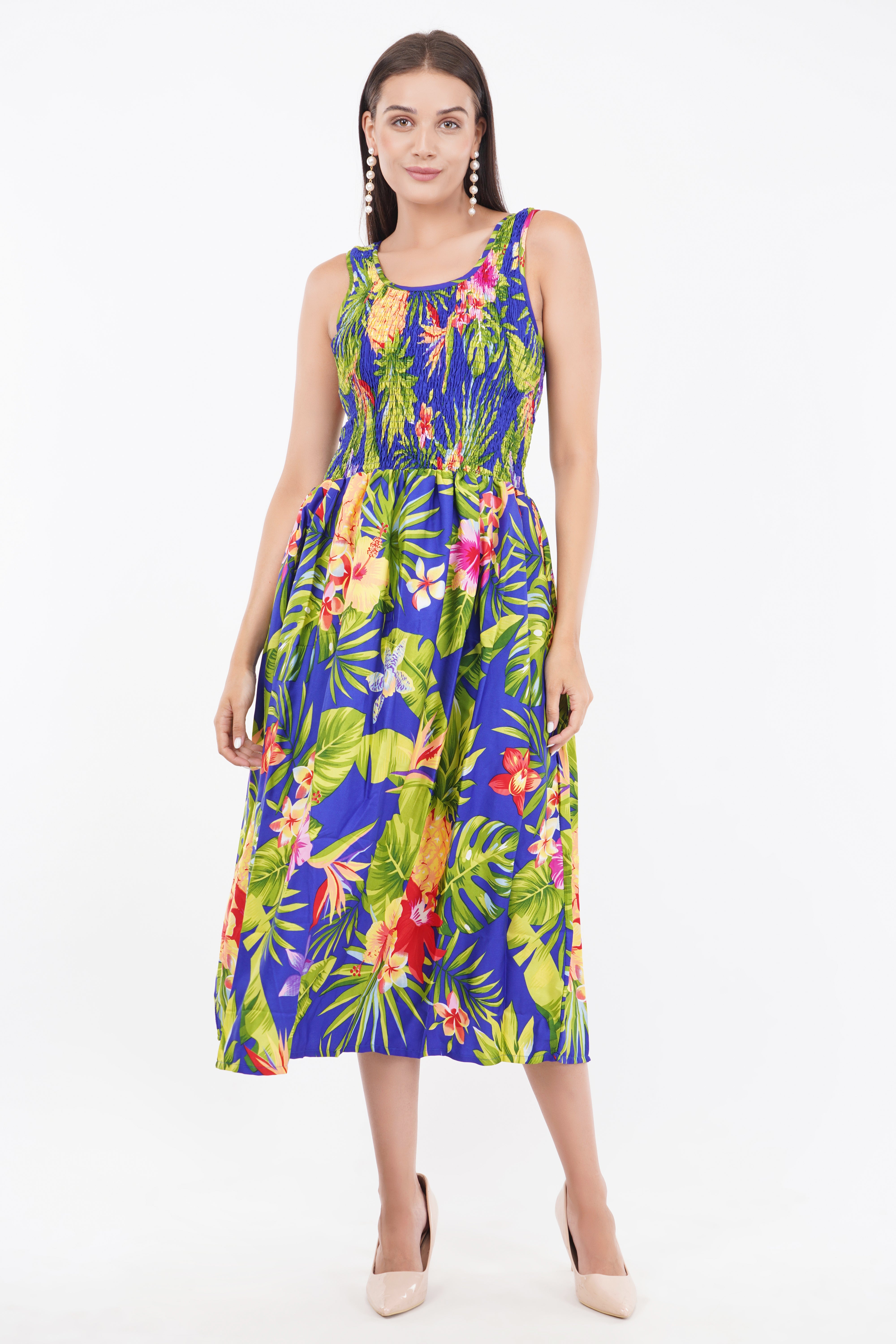 Tropical Blue Long Smock Dress with Belt 