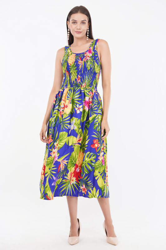Tropical Blue Long Smock Dress with Belt 