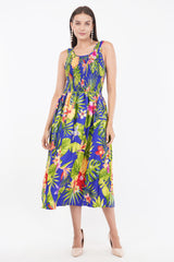 Tropical Blue Long Smock Dress with Belt 