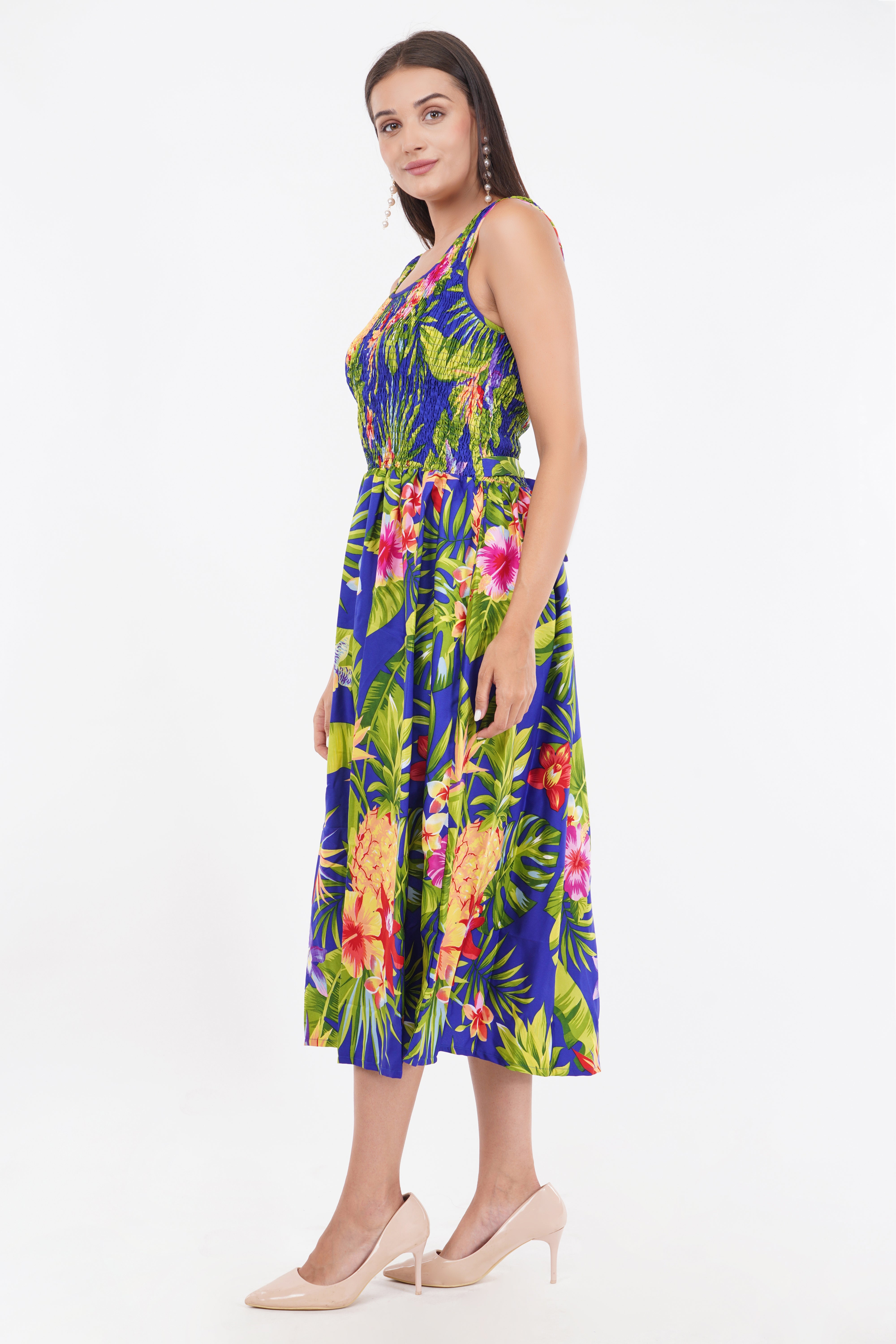Tropical Blue Long Smock Dress with Belt 