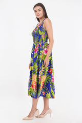 Tropical Blue Long Smock Dress with Belt 