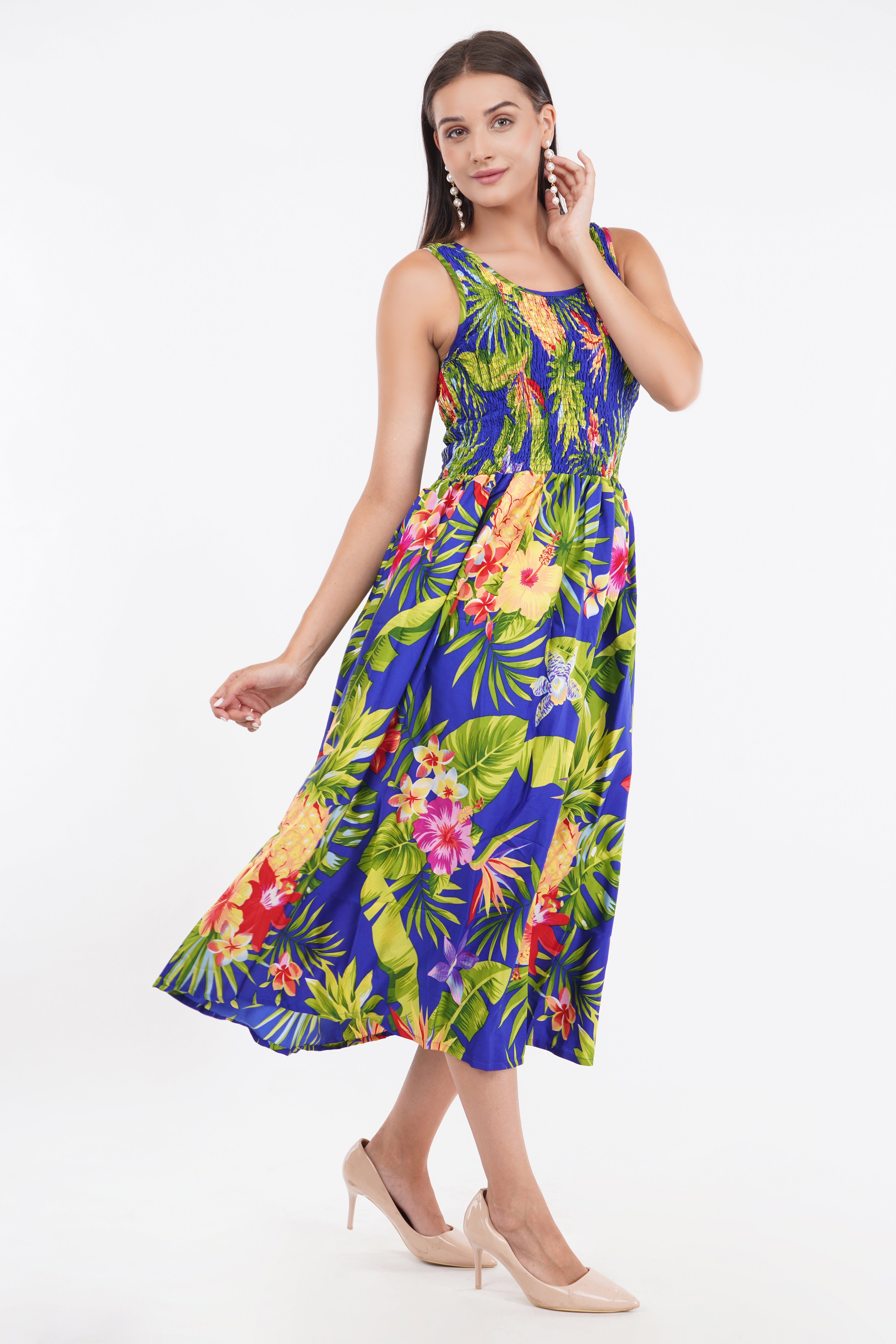 Tropical Blue Long Smock Dress with Belt 