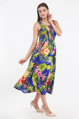 Tropical Blue Long Smock Dress with Belt 