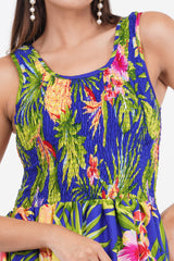 Tropical Blue Long Smock Dress with Belt 