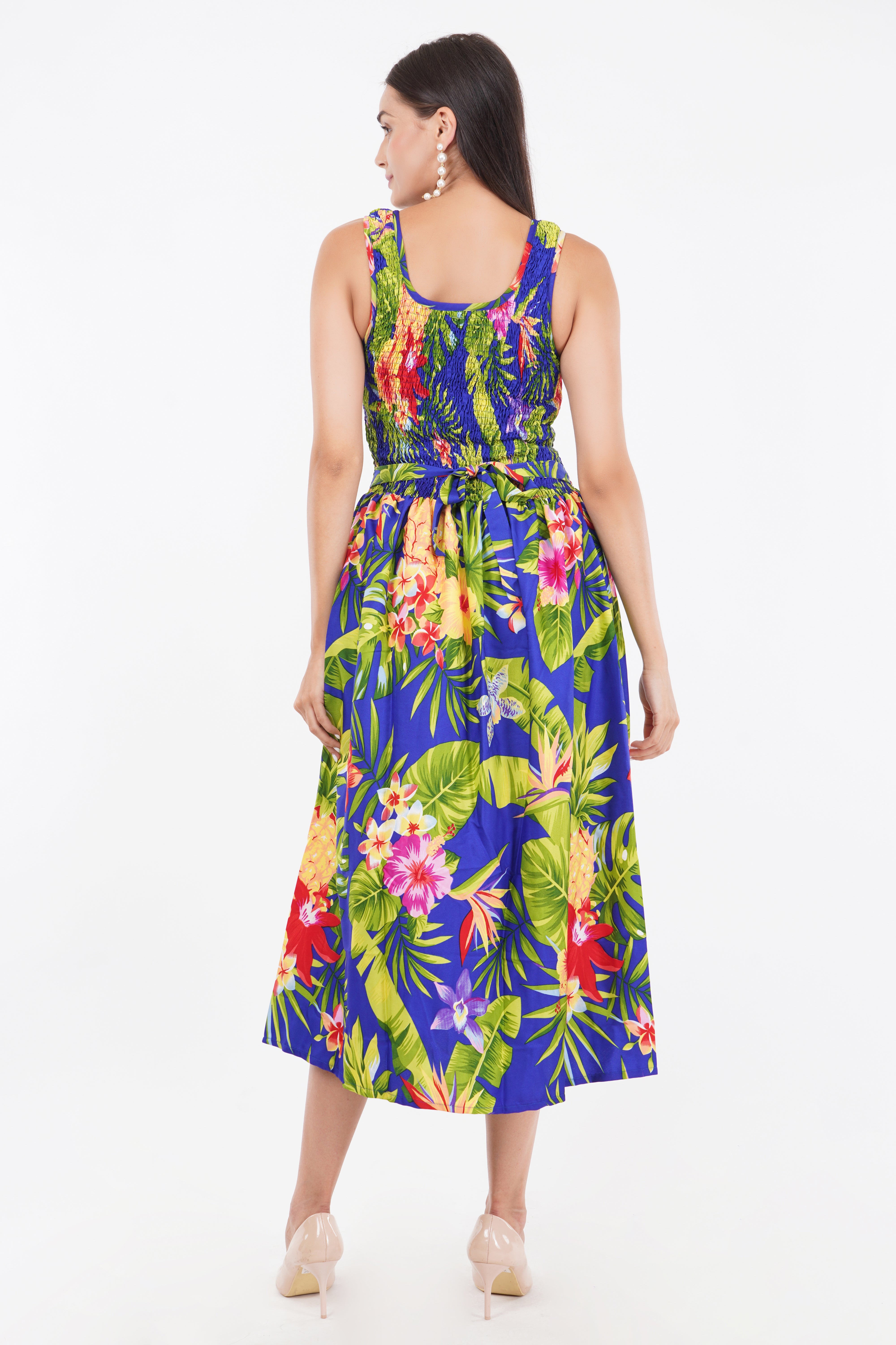 Tropical Blue Long Smock Dress with Belt 