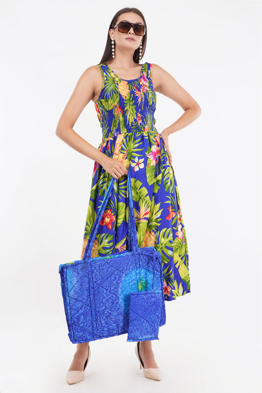 Tropical Blue Long Smock Dress with Belt 