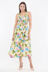 Tropical Flamingo Long Smocked Dress with Belt