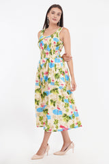 Tropical Flamingo Long Smocked Dress with Belt