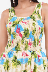 Tropical Flamingo Long Smocked Dress with Belt