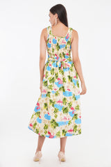 Tropical Flamingo Long Smocked Dress with Belt