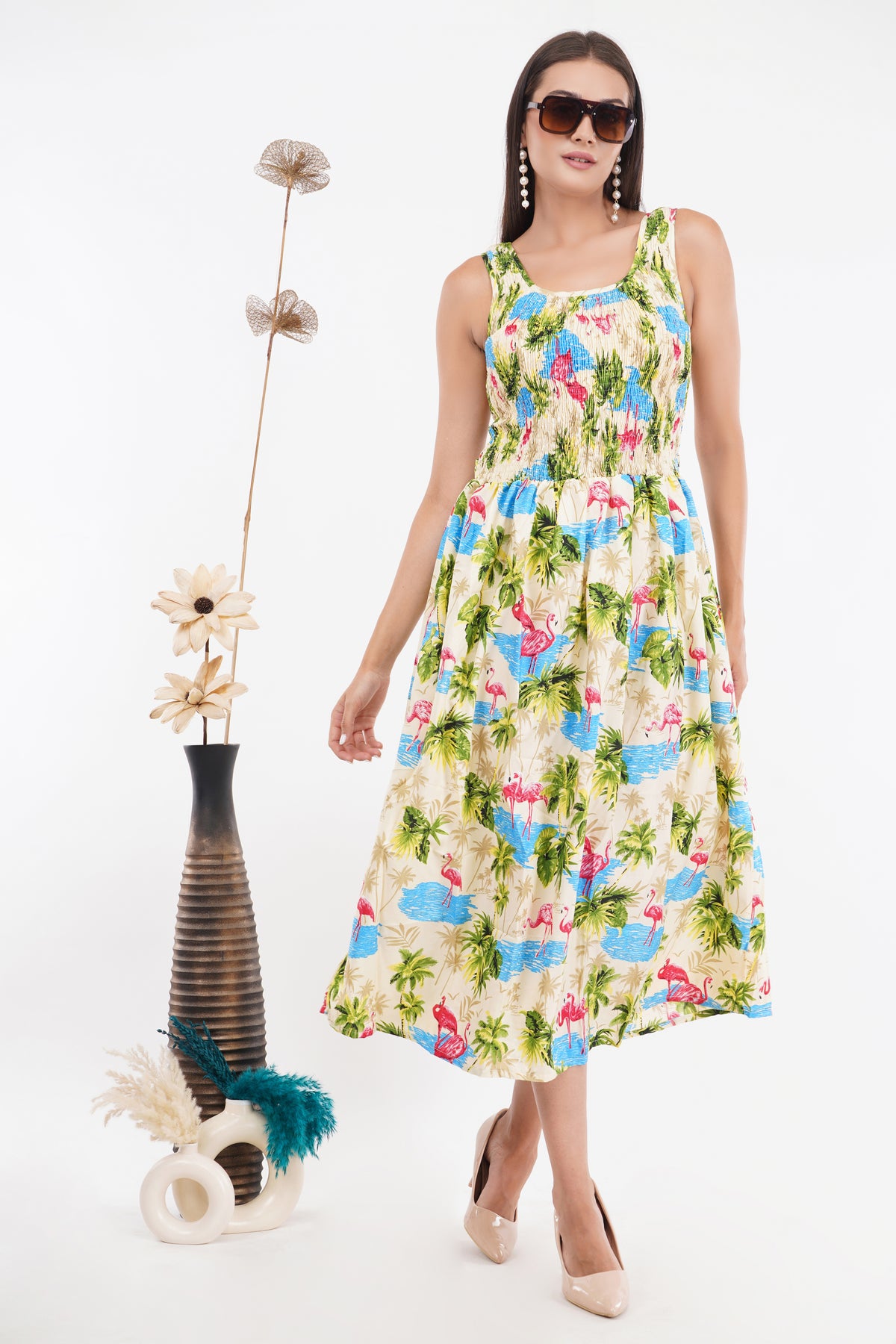 Tropical Flamingo Long Smocked Dress with Belt