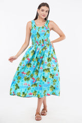 Ocean Blue Long Smock Dress with Belt     