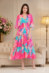 Pink Marble Flared Long Tier Dress with Strings                                    
