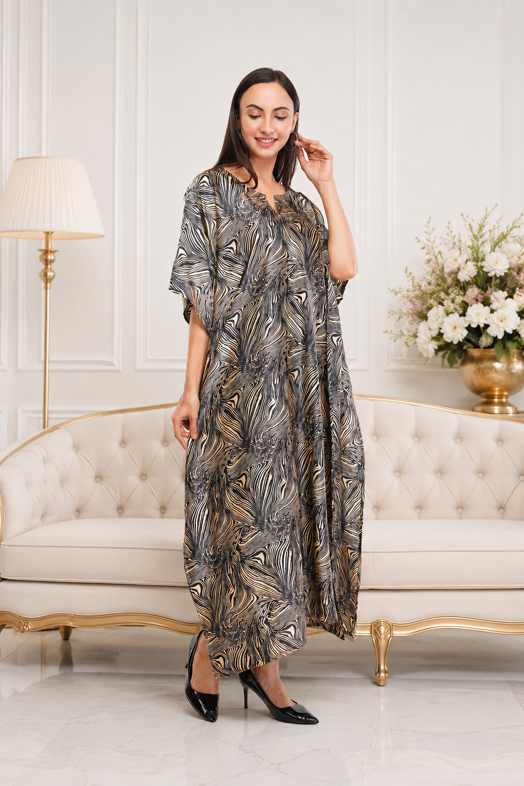 Black Marbal Long Kaftan with strings on the inside               