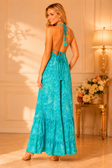 Backless Turquoise Paisley Silk Long Dress