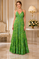 Backless Jade Paisley Silk Long Dress