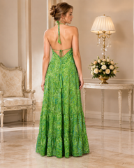 Backless Jade Paisley Silk Long Dress