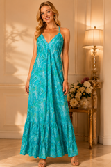 Backless Turquoise Paisley Silk Long Dress