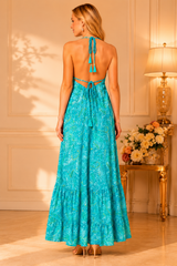 Backless Turquoise Paisley Silk Long Dress