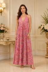 Backless Pink Blossom Silk Long Dress
