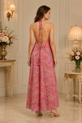 Backless Pink Blossom Silk Long Dress