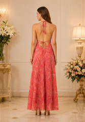 Backless Red Paisley Silk Long Dress