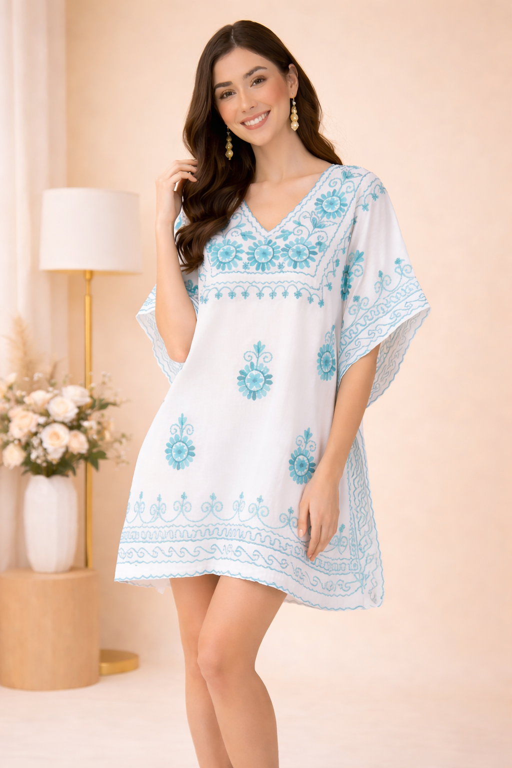 Diva Azure Embroidered Half Circular Short Kaftan