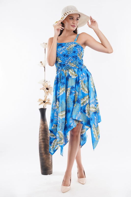Ocean Blue Leaf Smock Flare Dress