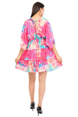 Pink Marbal Flared Short Tier Dress with Strings                                          