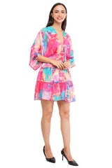 Pink Marbal Flared Short Tier Dress with Strings                                          