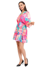Pink Marbal Flared Short Tier Dress with Strings                                          