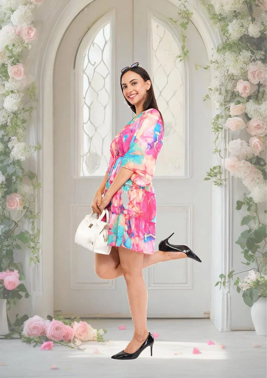 Pink Marbal Flared Short Tier Dress with Strings                                          