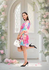 Pink Marbal Flared Short Tier Dress with Strings                                          
