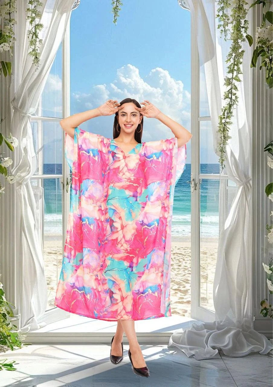 Pink Marbal Long Kaftan with strings on the inside                 Georgette Summercool 