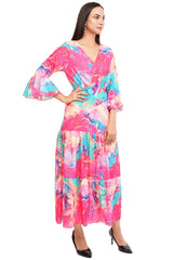 Pink Marble Flared Long A-Line Tier Dres