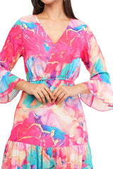 Pink Marble Flared Long A-Line Tier Dres