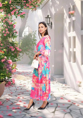 Pink Marble Flared Long A-Line Tier Dres