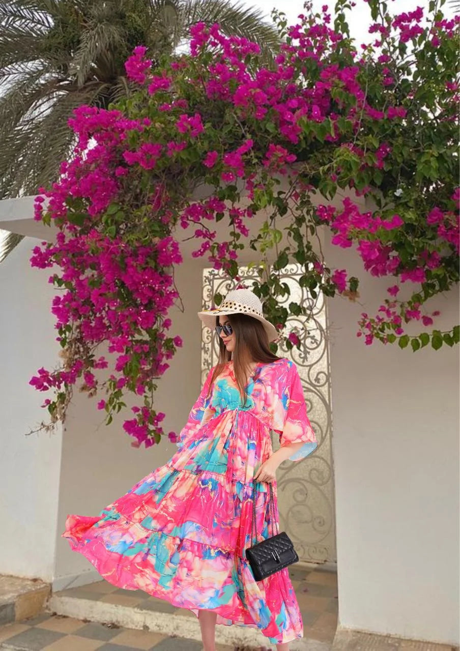 Pink Marble Flared Long Tier Dress with Strings                                    