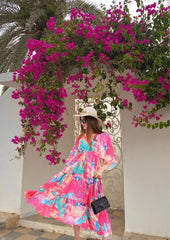 Pink Marble Flared Long Tier Dress with Strings                                    