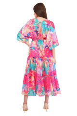 Pink Marble Flared Long Tier Dress with Strings                                    