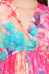 Pink Marble Flared Long Tier Dress with Strings                                    