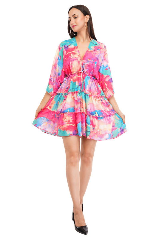 Pink Marbal Flared Short Tier Dress with Strings 