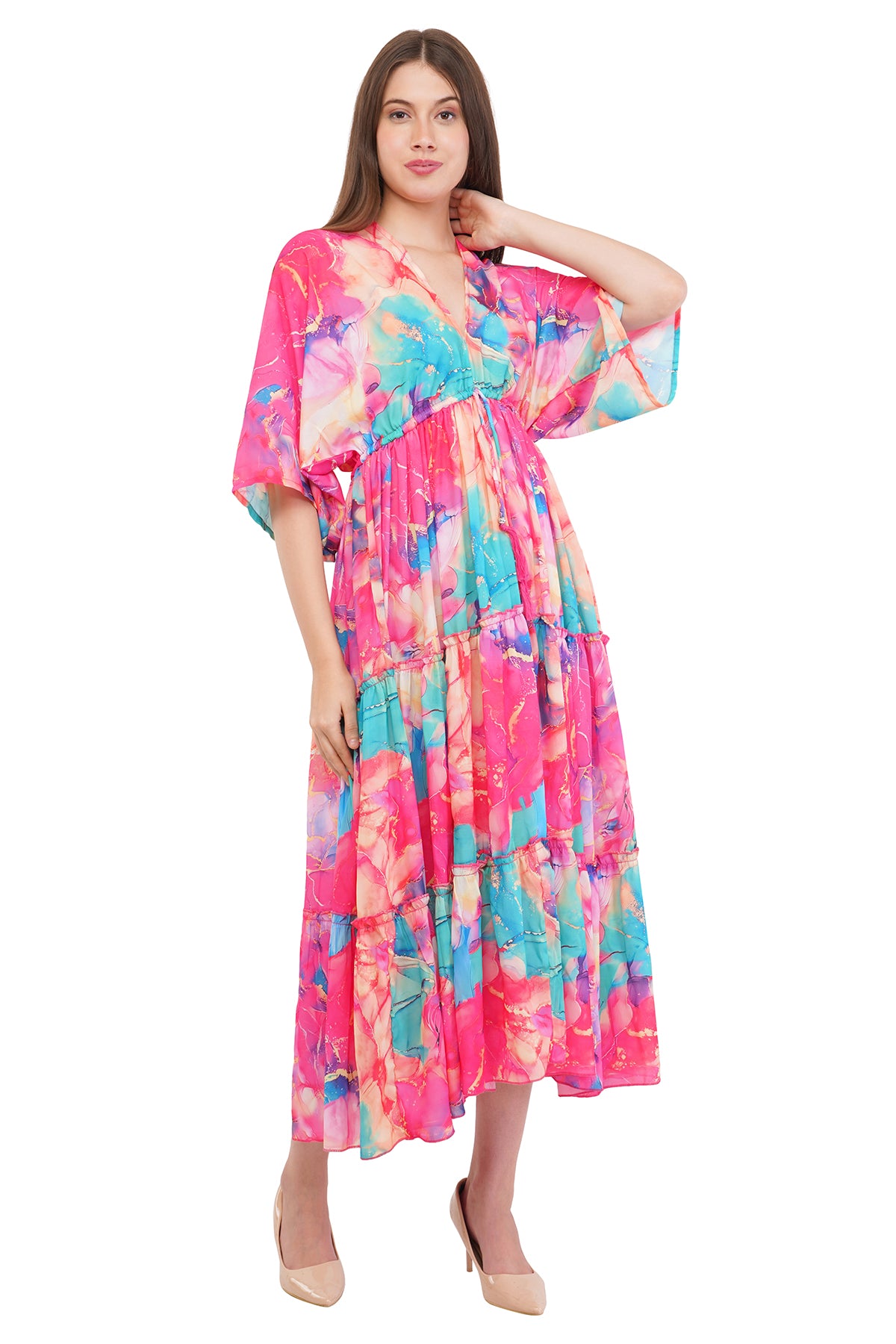 Pink Marble Flared Long Tier Dress with Strings